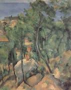 Paul Cezanne Boulders,Pine trees and sea at l-estaque painting